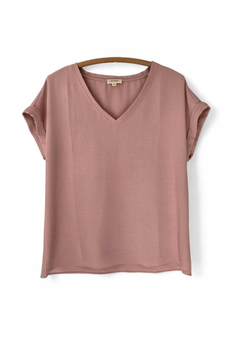 Ee:Some Relaxed Fit V-Neck Blouse Folded Cuff Sleeves Blush Pink Polyester Size